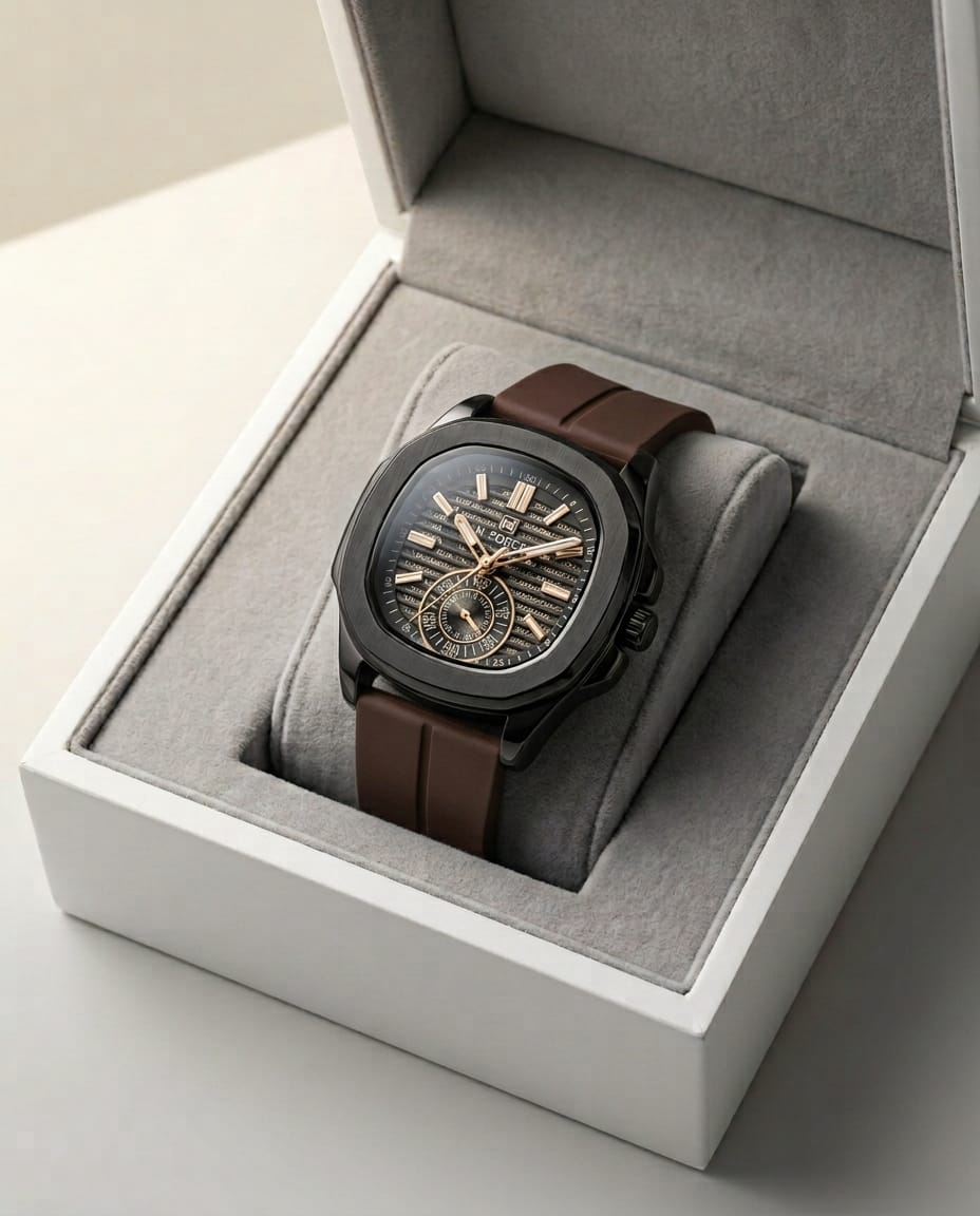 Dark Case Chronograph-Style Watch with Brown Strap