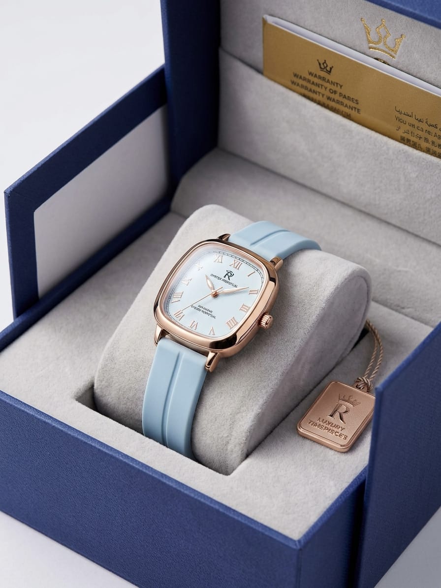 Rose-Gold Tone Square Dial Watch with Light Blue Strap